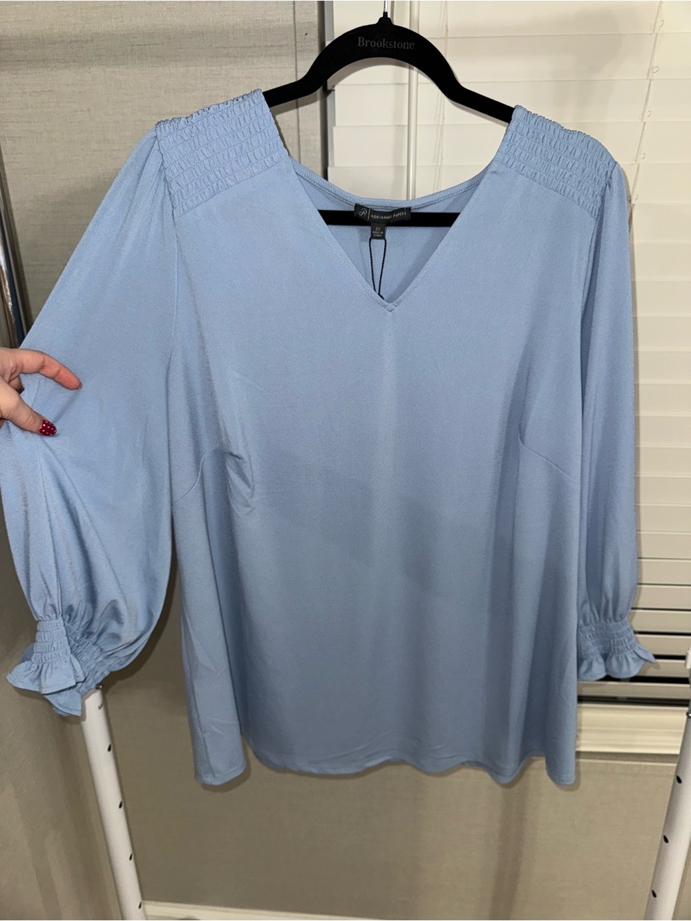 Adrianna Papell Pale Blue V-Neck Smocked Shoulder Blouse
